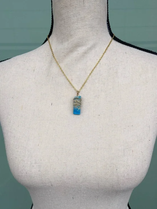 Blue Rectangular Stone Pendant Necklace with Gold Wire Wrap - Picture 3 of 4